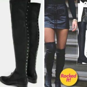 Zara Thigh High Studded Faux Leather Boots Black Low Heel